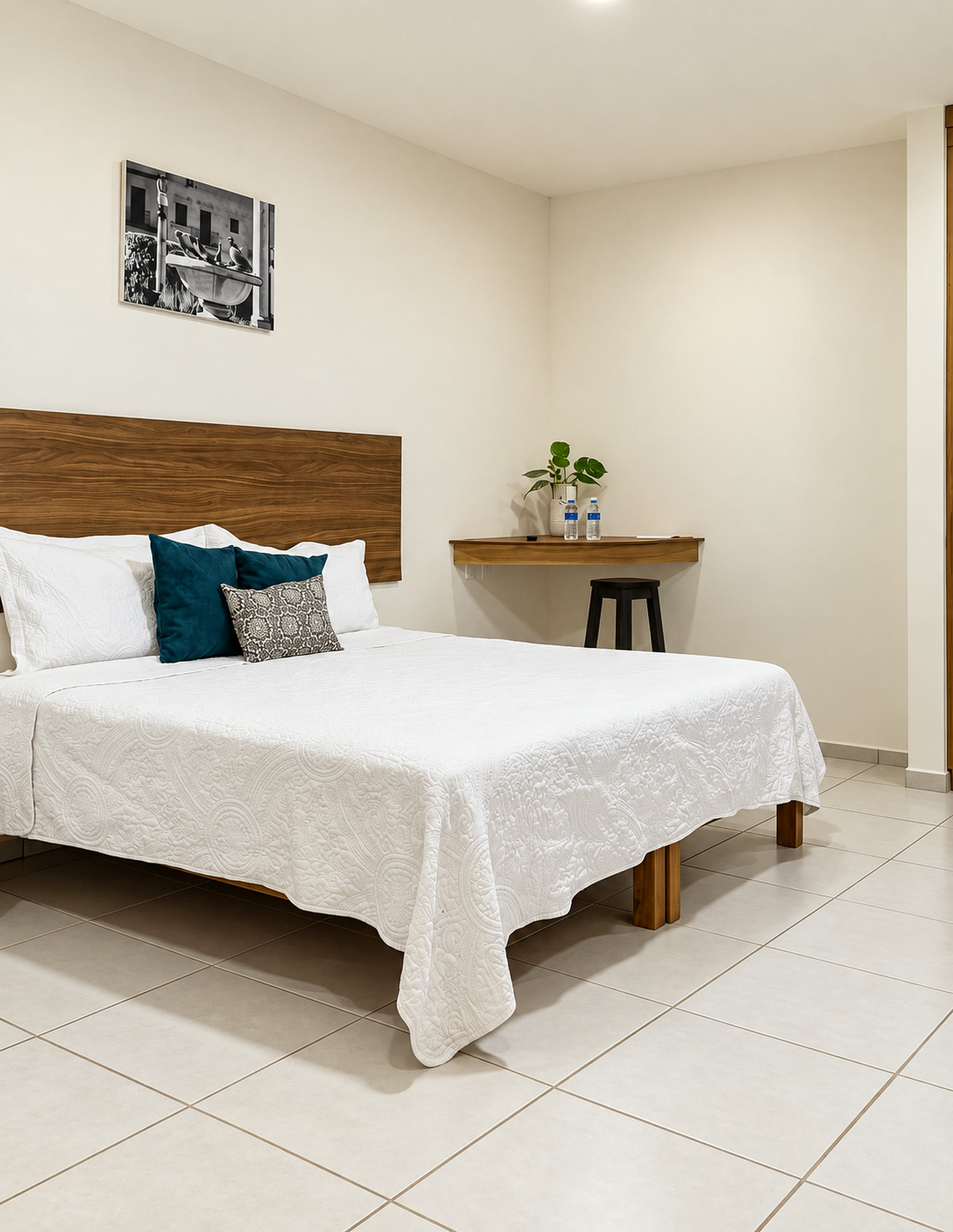 Habitación sencilla con una cama matrimonial y escritorio